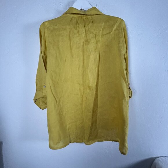 Womens Yellow Linen Button Up Tunic Shirt Top Roll-Tab Sleeve Casual Lightweight - Picture 2 of 6